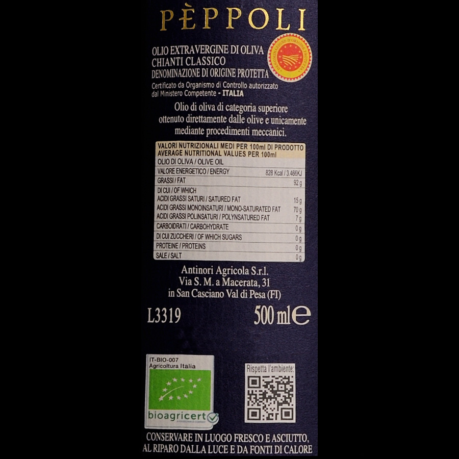 Olio Extra Vergine Oliva Pèppoli DOP Chianti Classico Antinori 500 Ml