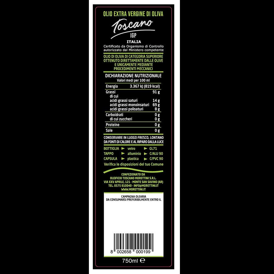 Extra Virgin Olive Oil Toscano PGI IGP La Tradizione 750 ml Morettini