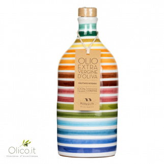 Handgemachter Keramiktonkrug “Arcobaleno” mit Monokultivares natives Olivenöl Coratina 500 ml