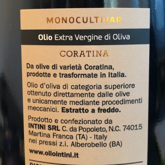 Intini Monocultivar Extra Virgin Olive Oil Coratina 500 ml