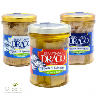 Tris Filetti in olio d'oliva Sebastiano Drago: Sgombro, Salmone, Pesce Spada 200 gr x 3
