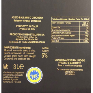 Aceto Balsamico di Modena IGP Due Vittorie Oro Bag in Box 3 lt e bottiglia con tappo dosatore 250 ml
