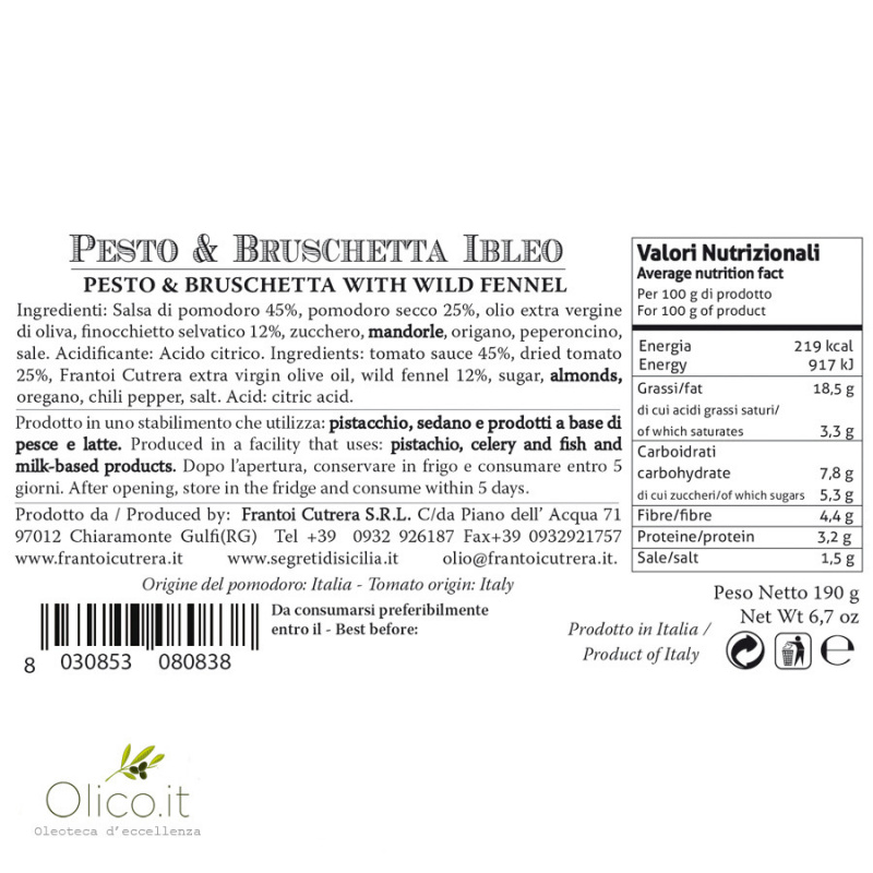 Pesto et Bruschetta Ibleo avec Fenouil Sauvage 190 gr Frantoi Cutrera