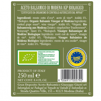 Organic Balsamic Vinegar of Modena PGI 3 Gold Medals 250 ml