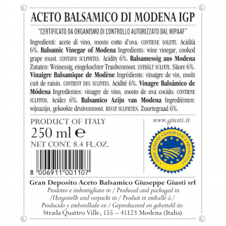 Giusti Vinegar Duo: Balsamic Vinegar of Modena PGI 1 Silver Medal and White Vinegar Dressing 250 ml x 2