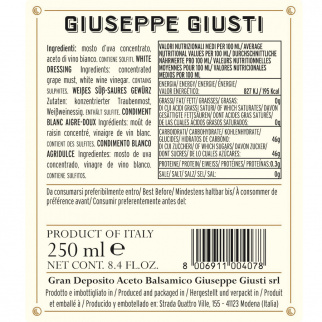 Duetto Aceto Giusti: Balsamico di Modena IGP 1 Medaglia Argento e Condimento Bianco 250 ml x 2