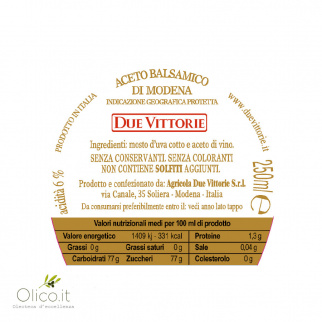 Vinaigre Balsamique de Modena IGP Due Vittorie Oro 6 x 250 ml 