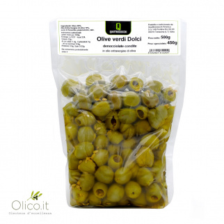 Olive Verdi Dolci Denocciolate Condite in Olio Extra Vergine di Oliva 500 gr