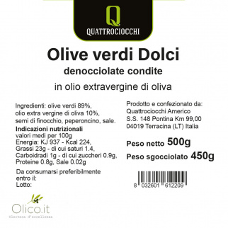 Aceitunas Verdes deshuesadas sazonadas en Aceite de Oliva Virgen Extra 500 gr