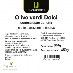 Olive Verdi Dolci Denocciolate Condite in Olio Extra Vergine di Oliva 500 gr