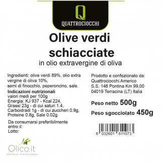 Zerdrückte grüne Oliven in Nativem Olivenöl Extra 500 gr