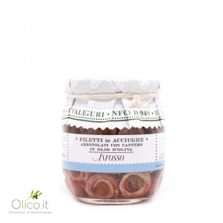 Filetti di Acciughe arrotolati con Cappero in olio d'oliva