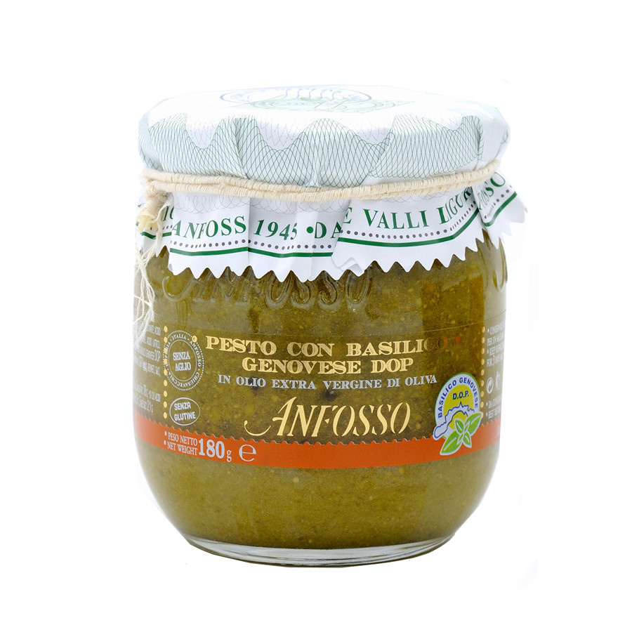 Pesto mit Basilikum Genovese DOP ohne Knoblauch 180 gr Olio Anfosso