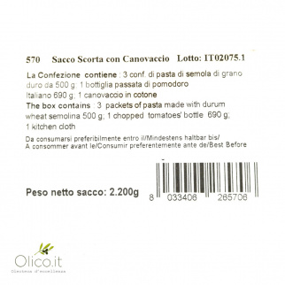 Sacco Scorta con Pasta di Gragnano IGP 500 gr Passata di Pomodoro Italiano 690 gr e Canovaccio