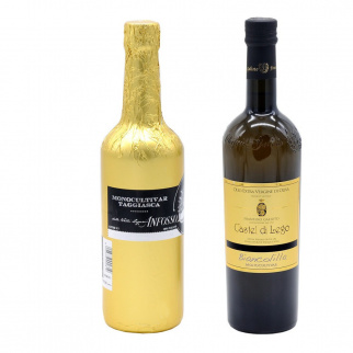 Selection of 2 Delicate fruity extra virgin olive oils: Monocultivare Biancolilla and Taggiasca