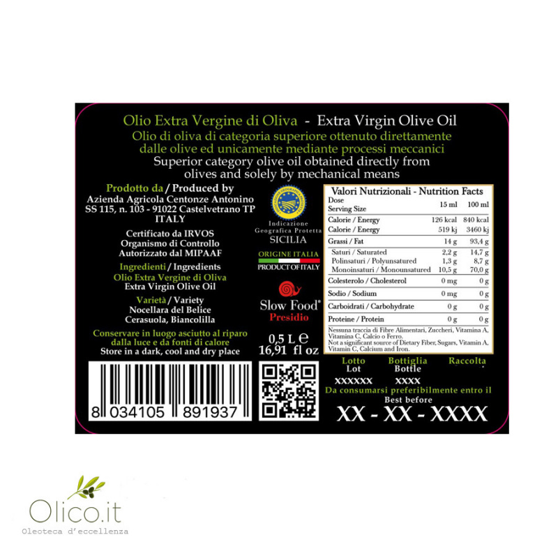 Organic Extra Virgin Olive Oil PGI Sicily 500 ml Latomie Centonze