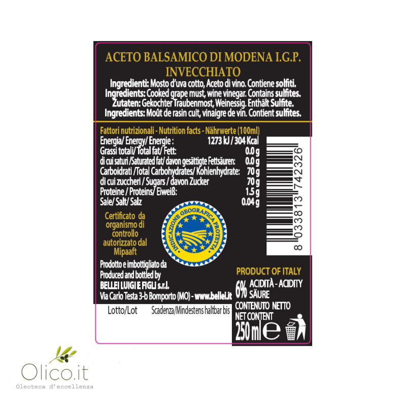 Bellei Aged Dense Balsamic Vinegar of Modena PGI Nastro Nero 250 ml