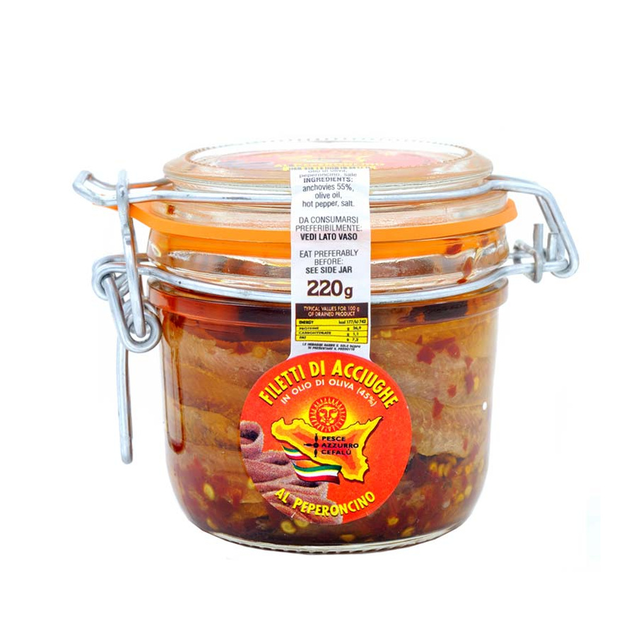 Chili Anchovy Fillets in Olive Oil airtight Jar Pesce Azzuro Cefalù