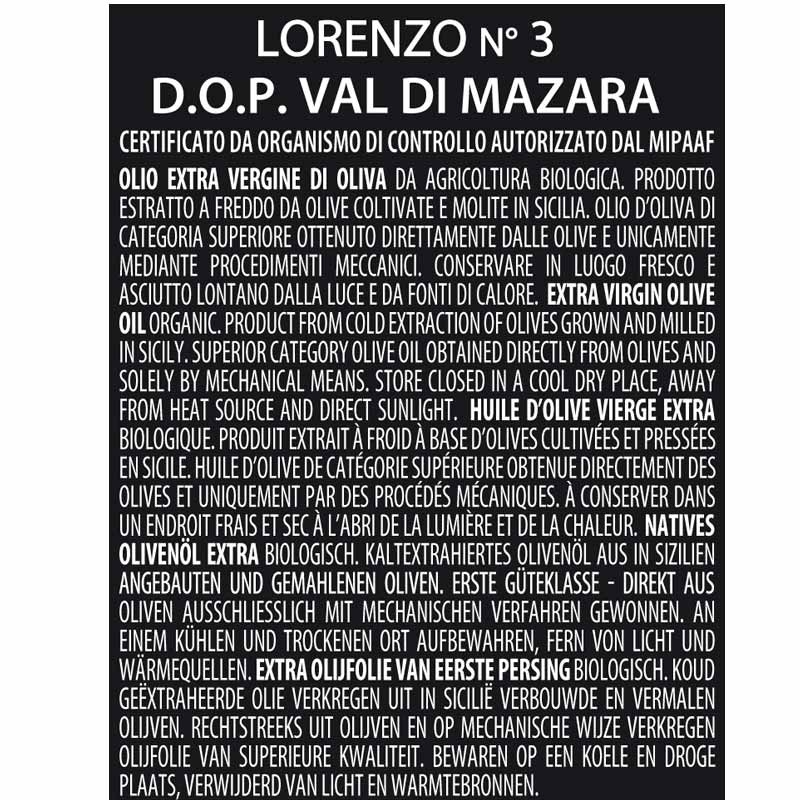 Organic Extra Virgin Olive Oil Lorenzo N° 3 PDO Val di Mazara Barbera